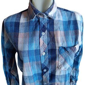 Vintage Women's Flannel Skater Shirt Medium 1970's Sears Blue Plaid Button-Up